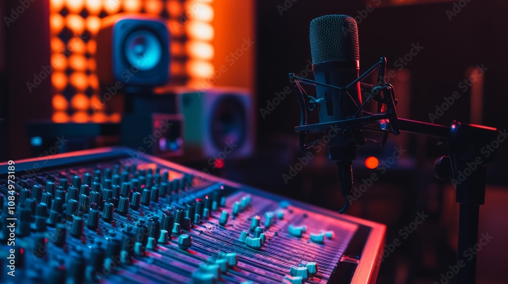 Poster a pristine music recording studio with microphones and mixing boards neatly set up, a dimly lit, aco
