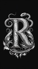 In black and white, the letter B has flowers and leaves. Generative AI