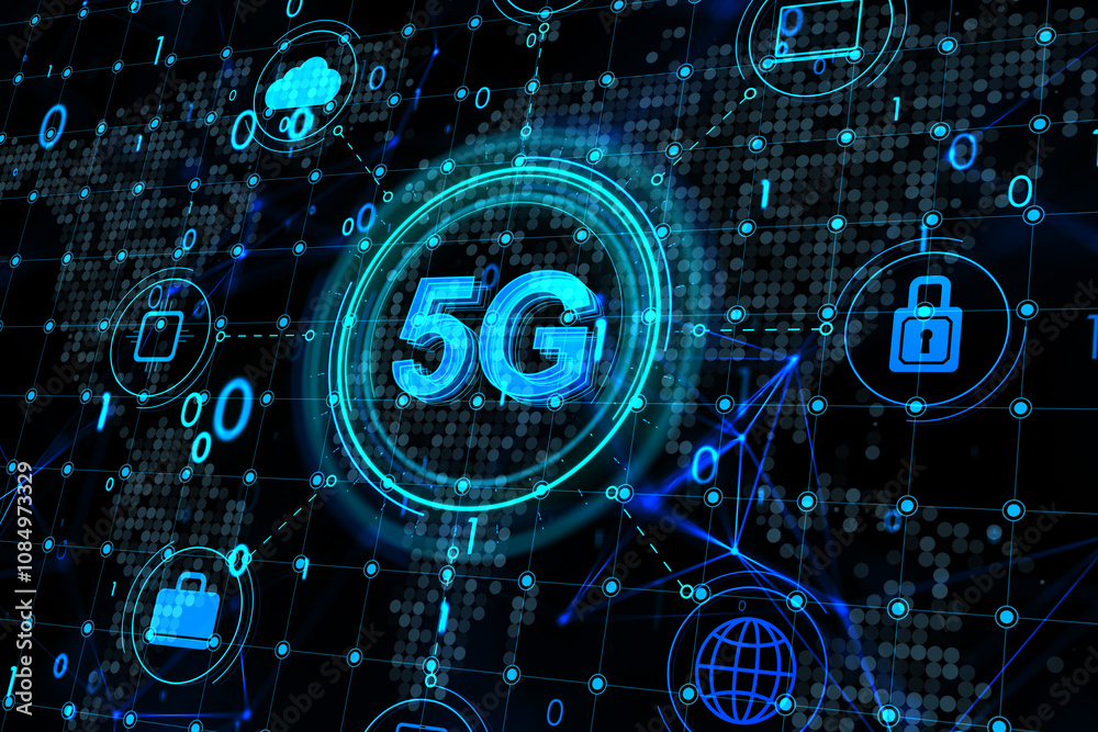 Poster internet of things, hi speed internet connection and innovation concept with digital 5g sign surroun