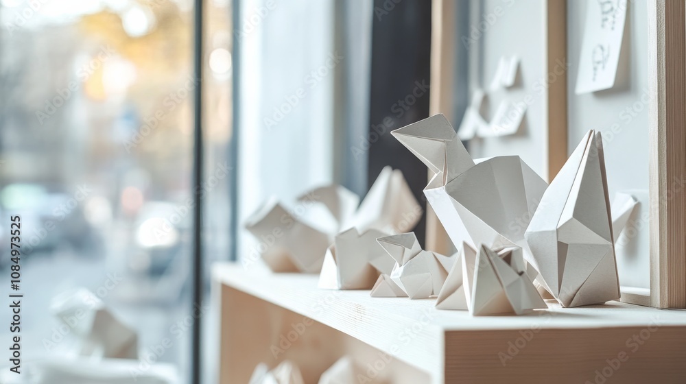Poster a pristine origami display with folded paper animals and geometric shapes neatly placed on a clean s