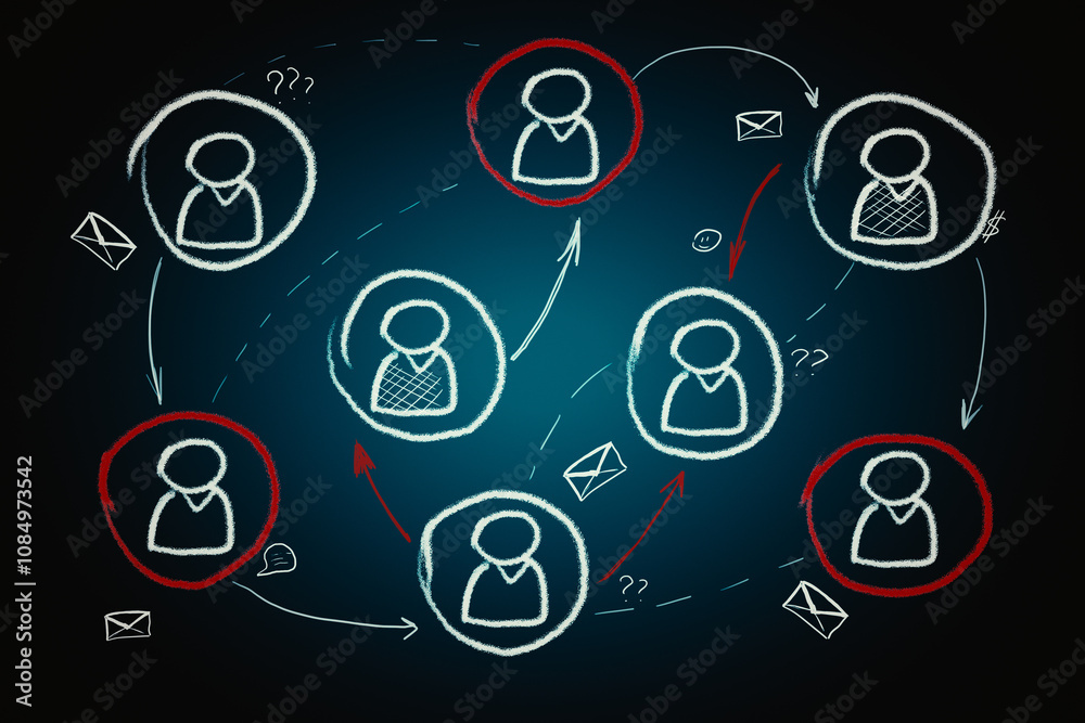 Aufkleber remote work and social network concept with hand drawn red and white users, arrows and mail envelope