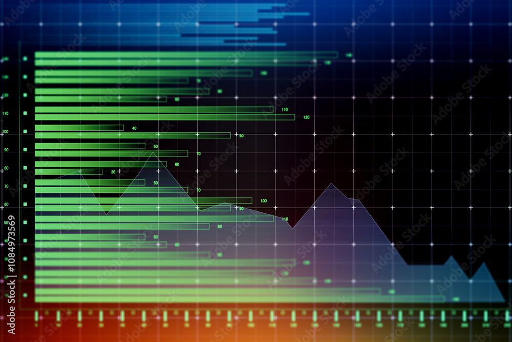 Poster Market statistics concept with digital green horizontal graphs on dark background with stats diagram. 3D rendering