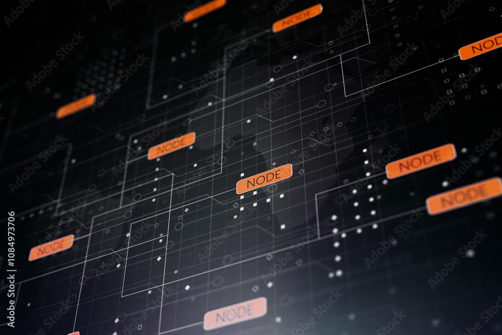 Aufkleber Education and technology concept with perspective view on orange buttons on dark technological interface background with world map contour and glowing light spots. 3D rendering
