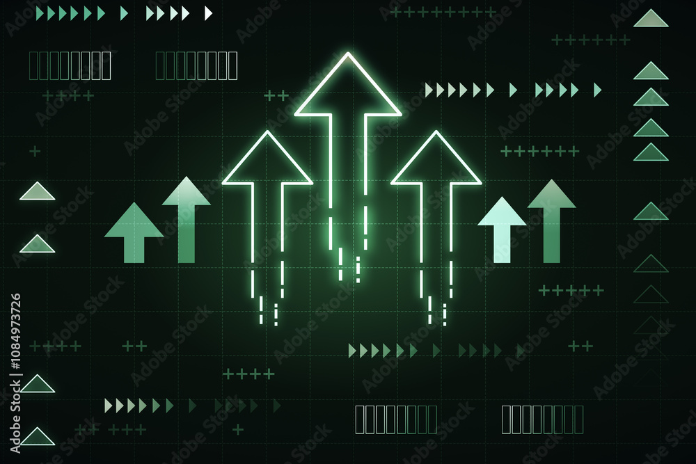 Poster innovative technologies and business development concept with bright and green digital graphic arrow