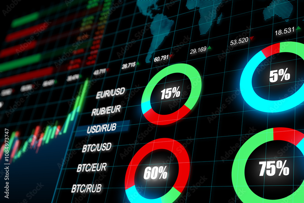 Poster trading platform screen with financial chart candlestick, graphs and exchange market indicators, inv