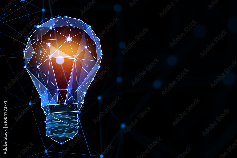 Poster Strategy and creative idea concept with digital glowing hexagonal form light bulb on abstract dark blank background with blurred dots and space for advertising banner or poster. 3D rendering, mock up