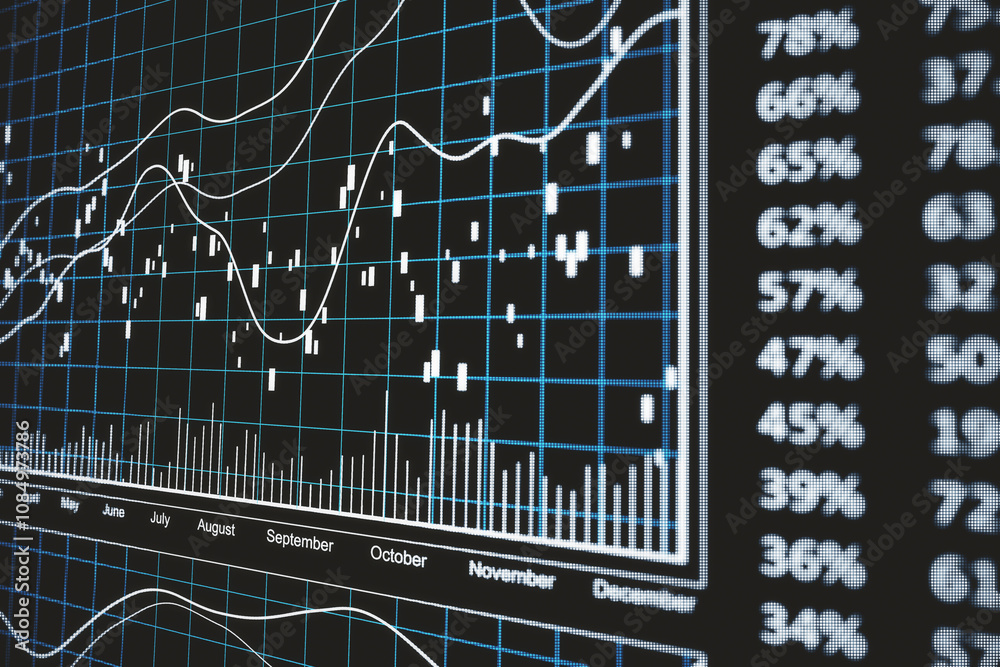 Poster Trading and investment analysis concept with perspective view on light digital financial chart graphs, indicators and diagrams on abstract technological background. 3D rendering