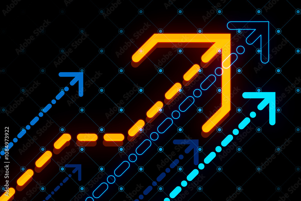 Poster financial result and business growth concept with digital graphic colorful arrows rising up on dark 