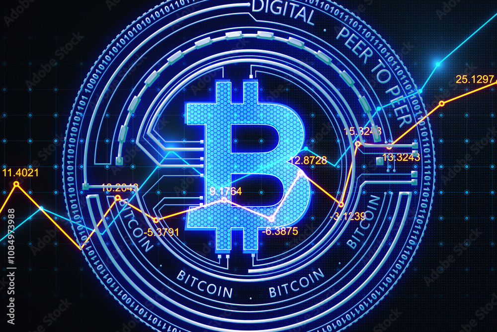 Poster Digital money and crypto currency concept with rising up financial chart diagram on dark background with digital blue bitcoin icon. 3D rendering
