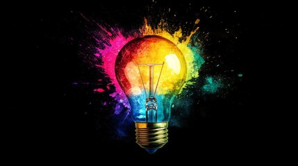 A colorful light bulb is surrounded by colorful paint splatters