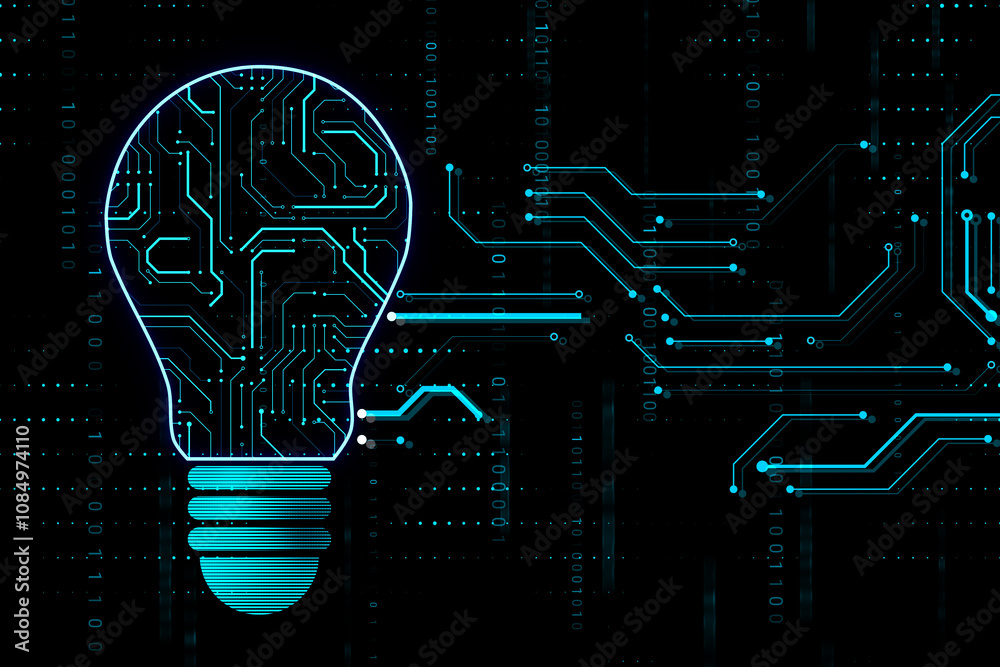 Aufkleber Creative thinking and digital technology concept with blue micro circuit in light bulb on dark background with coding and programming numbers. 3D rendering