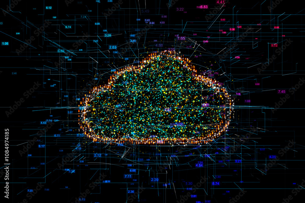 Poster Full data storage, information collected concept with cloud symbol completely painted by colorful graphic dots on dark technological background. 3D rendering