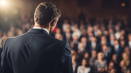 A man stands in front of a crowd wearing a suit and tie