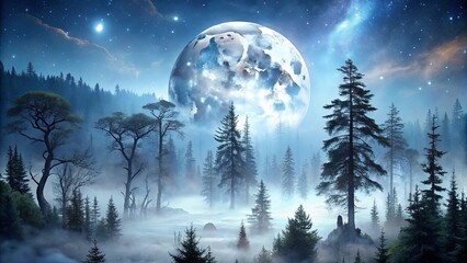 A surreal forest bathed in the ethereal glow of a celestial body, with mist weaving through the towering trees and stars twinkling in the night sky.