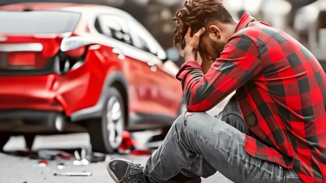 Man sits on street after car accident in urban area feeling distressed and overwhelmed in the aftermath of the crash