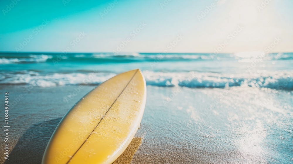Poster a pristine surfboard setup with neatly placed wax and a clean board beside the ocean, a sunny beach 