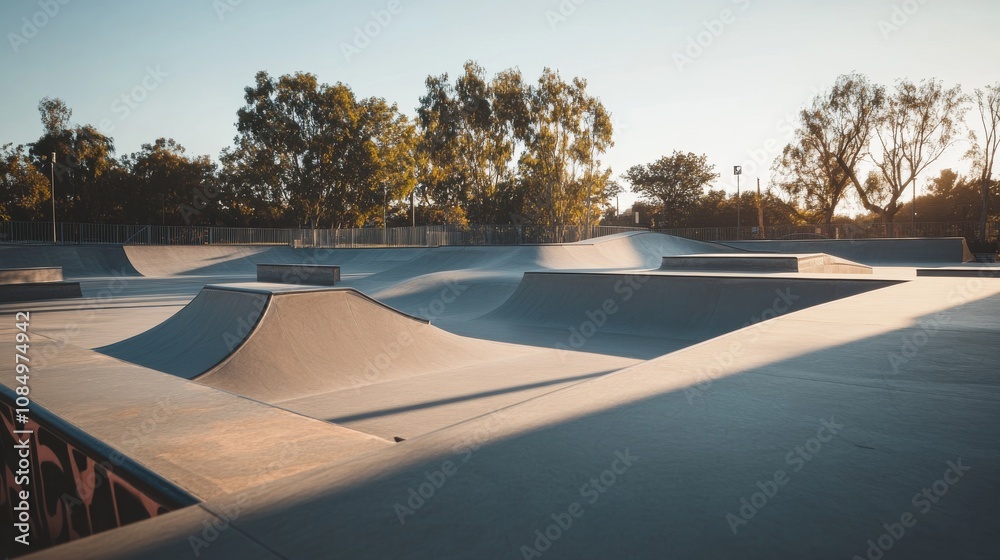 Poster A pristine skatepark with skateboards and helmets neatly placed, A spacious, well-lit area with smooth ramps and rails
