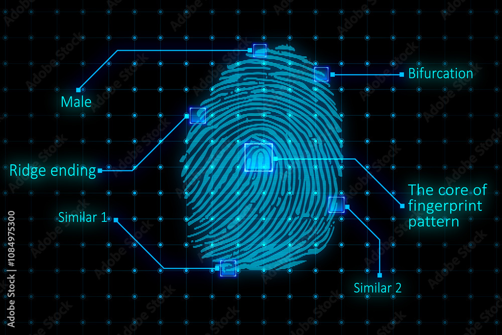Poster Biometrics and personal data technologies concept with blue digital human fingerprint on dark dotted background with information for identification. 3D rendering