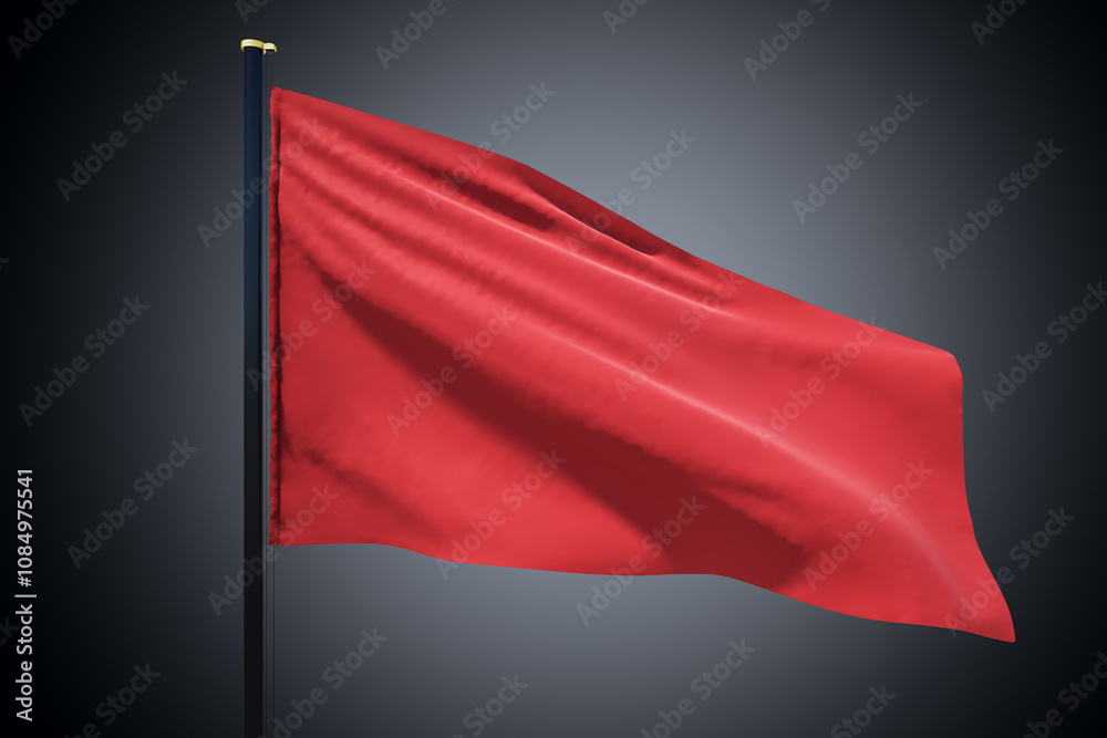 Poster Blank red flag waving in the wind with copyspace for your logo or text isolated on dark grey background. 3D rendering, mockup