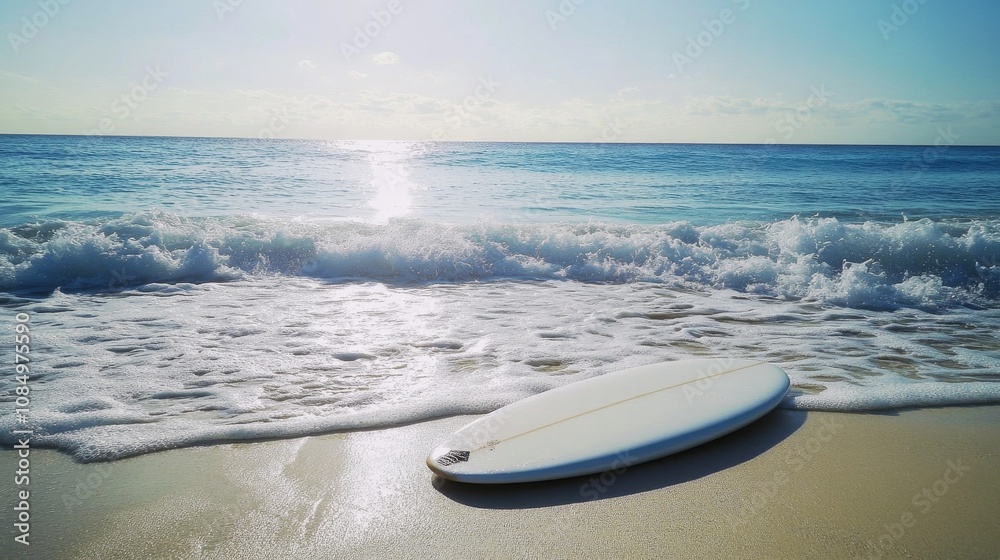 Poster a pristine surfboard setup with neatly placed wax and a clean board beside the ocean, a sunny beach 