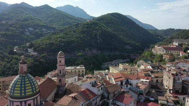 Aerial view of the sea, promenade and central part of the town of Vietri sul Mare on a sunny summer day, Raite, Salerno, Italy