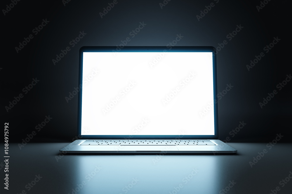 Poster Close up of modern laptop with white illuminated monitor with copyspace for your logo or text on abstract dark background. 3D rendering, mockup
