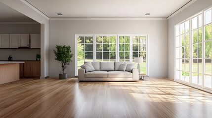 Obraz premium Empty house interior with new hardwood floor. Spacious empty living room with exit to backyard area and kitchen area