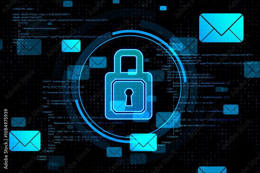 Aufkleber Mail security and lock mail concept with digital envelope symbol on abstract dark background with binary code. 3D rendering