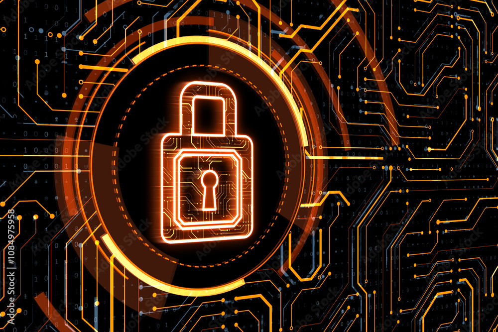 Aufkleber Private information, personal and cyber data security concept with perspective view on digital red light closed padlock in the center of microcircuit on dark background. 3D rendering