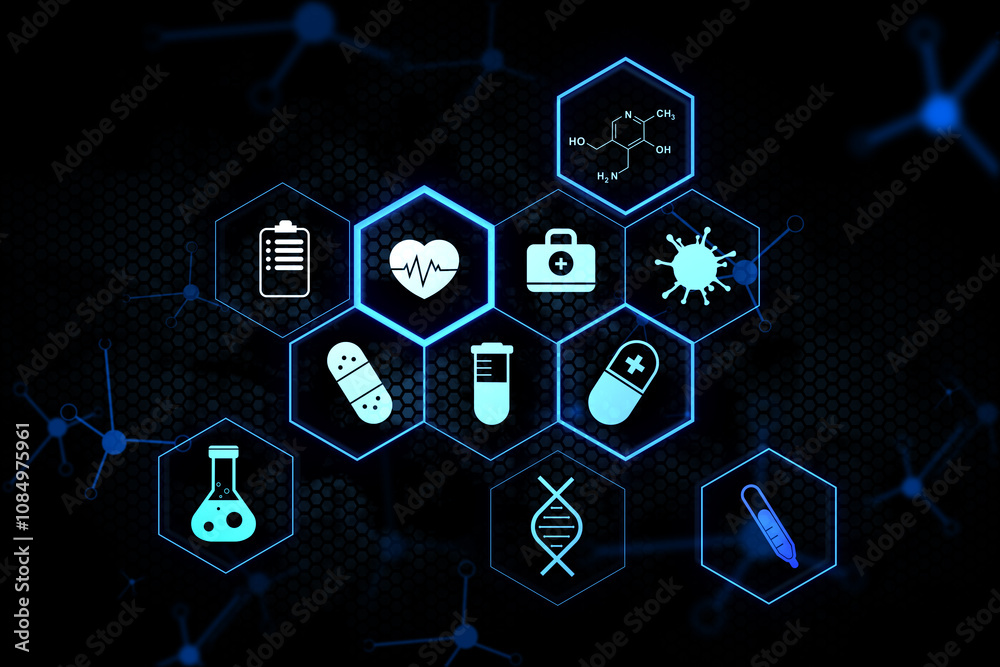 Poster health care and medicine concept with digital medical and science icons in abstract hexagon texture 