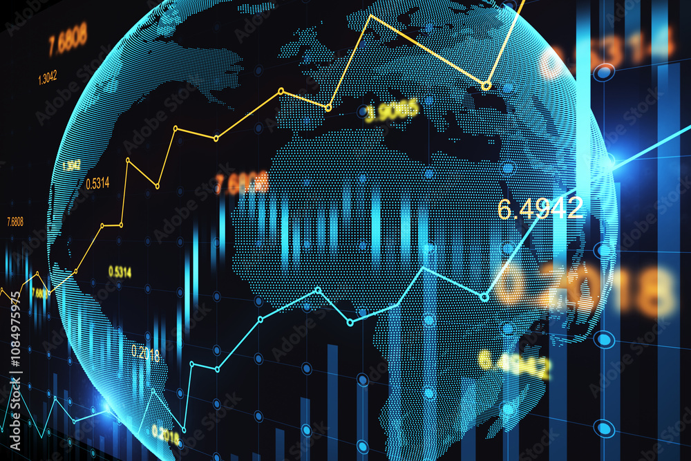 Poster International trading and stock market analytics concept with digital growing financial chart graphs and stats indicators on world map globe background. 3D rendering