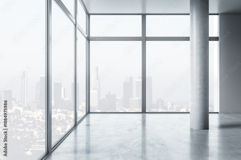 Poster Real estate concept with front view on panoramic window corner with city skyline view in spacious abstract hall with concrete floor and column. 3D rendering