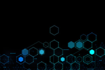 Blank dark background with space for advertising banner, campaign logo or text and digital hexagon...