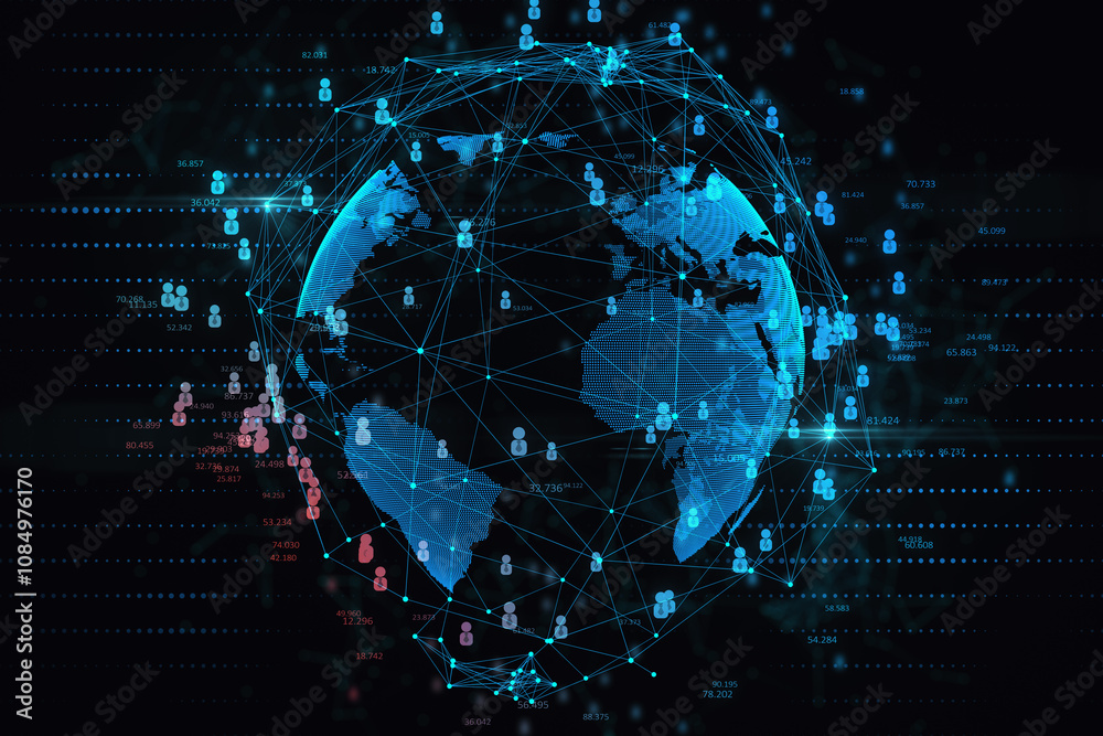 Fototapete global network and social communication concept with digital world map globe surrounded by blue user