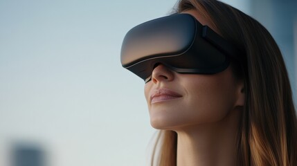 Fototapeta premium Woman in Virtual Reality Headset Enjoying Immersive Experience Outdoors Against Urban Background