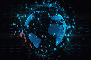 Global network and social communication concept with digital world map globe surrounded by blue user icons and stats indicators. 3D rendering