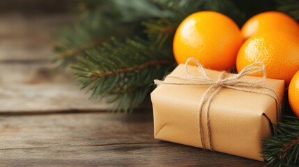 Wrapped Christmas gifts sit beside bright oranges, all arranged on a bed of pine branches, evoking a warm holiday atmosphere