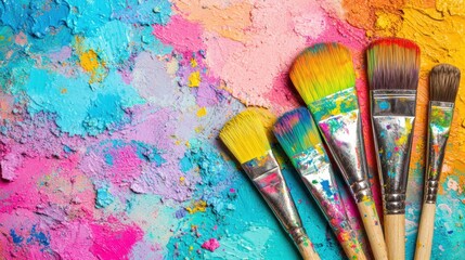 Obraz premium Brightly colored paint splatters and paintbrushes are arranged on a messy palette, showcasing an artistic workspace full of creativity