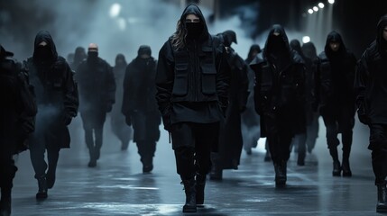 A group of people wearing black clothing and hoods walking down a street