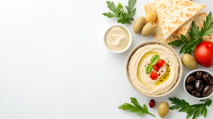 Fresh Mediterranean mezze platter viewed from above, beautifully presented.