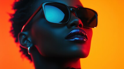 A confident fashion model poses beneath vibrant neon lights, emphasizing her unique sunglasses and bold features in an urban setting at night