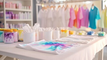 A pristine tie-dye station with white shirts and colorful dyes neatly arranged, A bright room with clean surfaces and natural light, Minimalist artistic style
