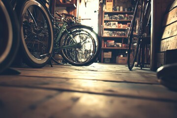 Bikes in a cluttered workshop with wooden floor.
