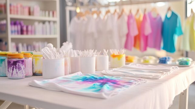 A pristine tie-dye station with white shirts and colorful dyes neatly arranged, A bright room with clean surfaces and natural light, Minimalist artistic style