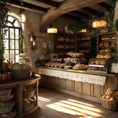 Cozy bakery interior with rustic charm and fresh bread.