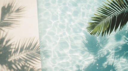 Shadows from palm leaves ripple on the clear, sparkling pool water, creating a serene and refreshing atmosphere under the sun
