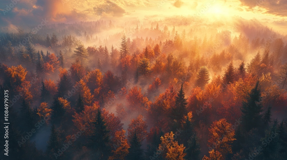 Poster aerial view of a misty forest at sunrise, with the sun shining through the trees and fog, creating a