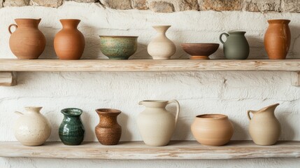 A display of various traditional pottery pieces arranged on wooden shelves against a textured wall, showcasing diverse shapes and colors.