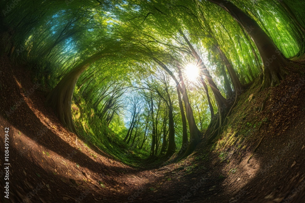 Poster a circular view of a forest with tall trees, bright sunlight, and green foliage.