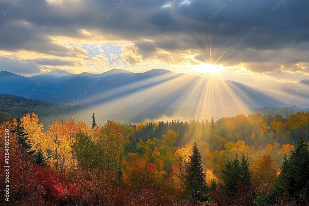 Poster sun rays breaking through clouds over an autumnal forest.